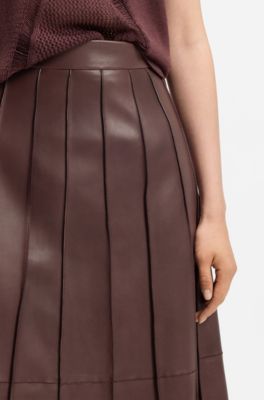 Leather midi skirt with pintuck pleats, Dark Brown