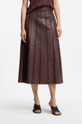 Leather midi skirt with pintuck pleats, Dark Brown