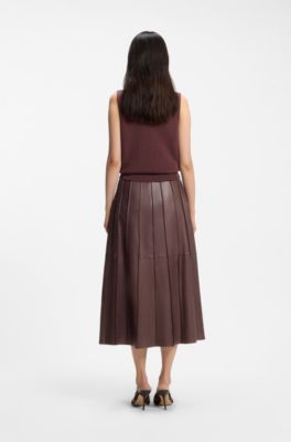 Leather midi skirt with pintuck pleats, Dark Brown