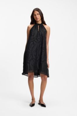 Relaxed-fit halter-neck dress in textured ramie, Black