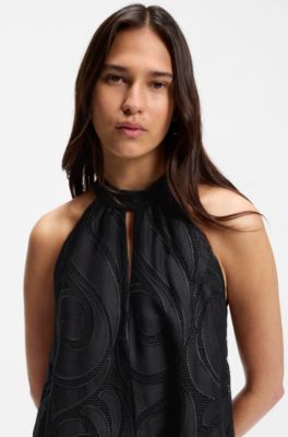 Relaxed-fit halter-neck dress in textured ramie, Black