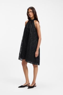 Relaxed-fit halter-neck dress in textured ramie, Black