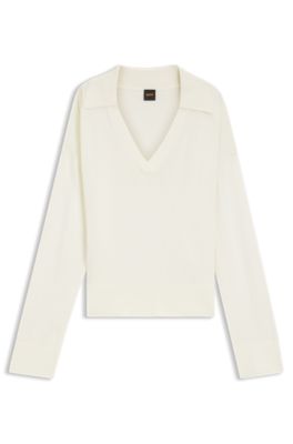 Relaxed-fit sweater with open collar, White