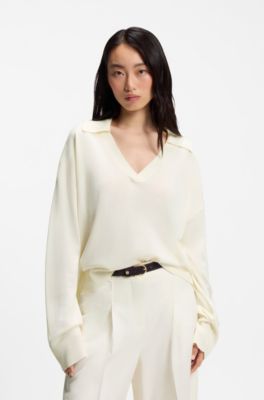 Relaxed-fit sweater with open collar, Natural