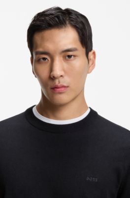 Cotton sweater with tonal logo embroidery, Dark Blue