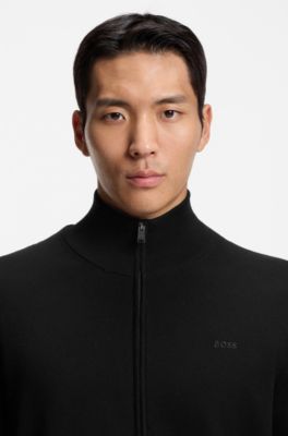 Knitted-cotton cardigan with embroidered logo, Black