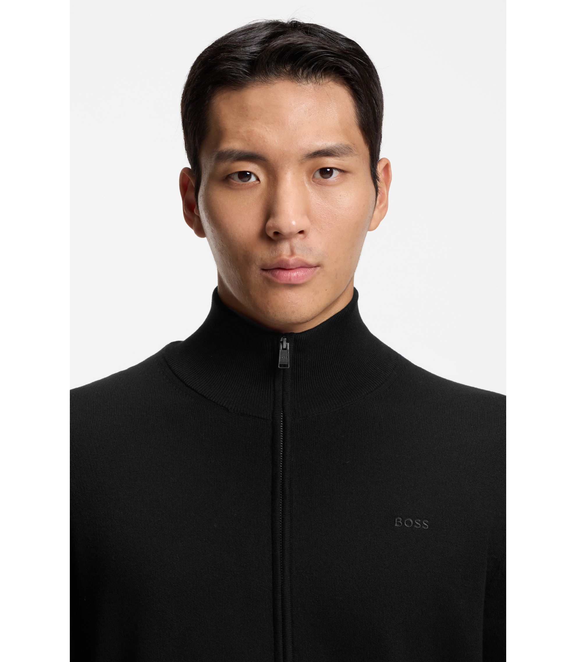 BOSS - コットンニット カーディガン ロゴエンブロイダリー - ブラック