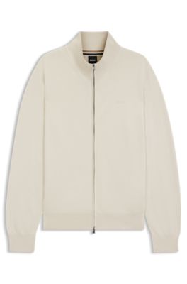 Knitted-cotton cardigan with embroidered logo, Natural