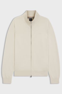 Knitted-cotton cardigan with embroidered logo, Natural