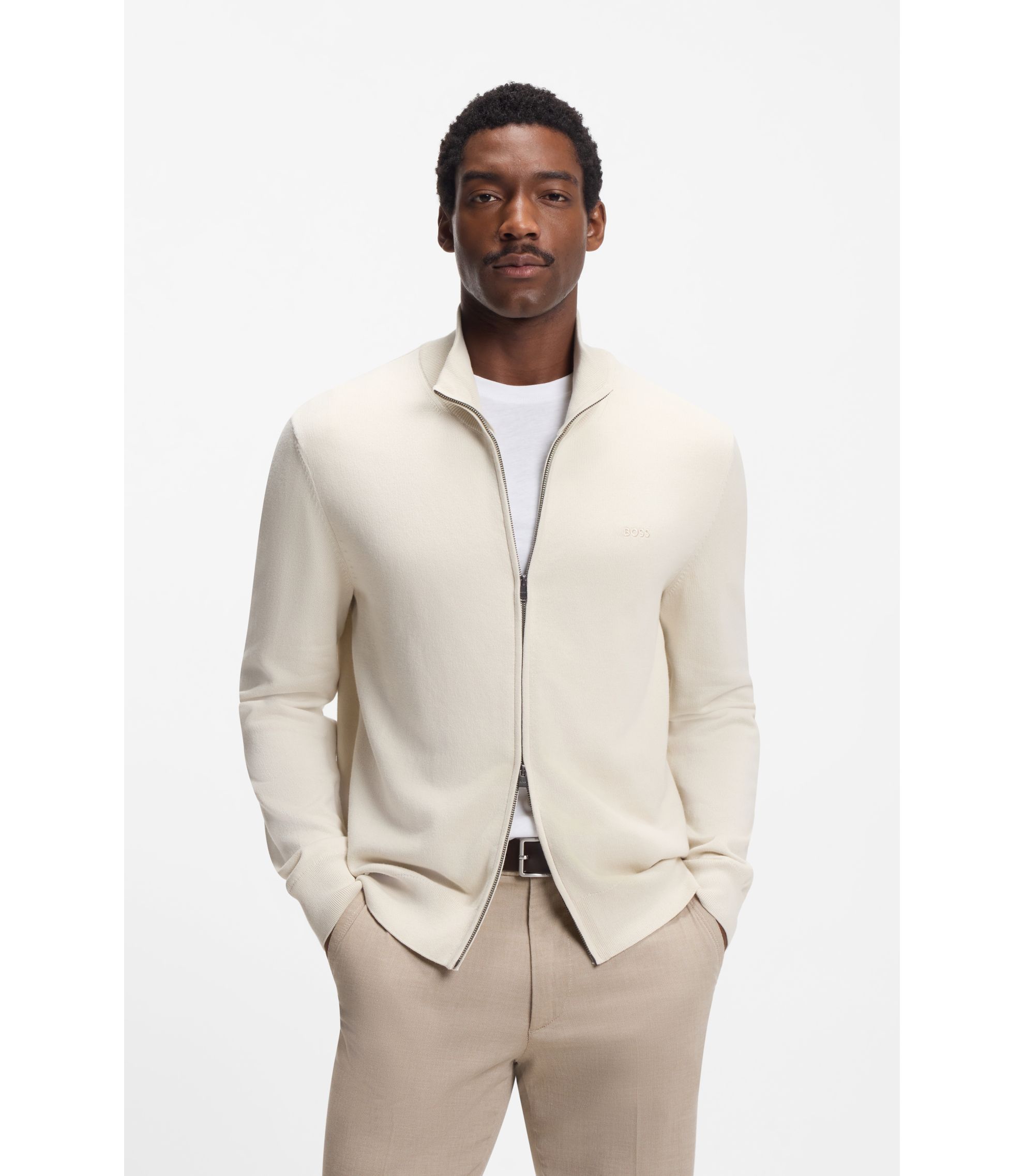 BOSS - Knitted-cotton cardigan with embroidered logo - Natural