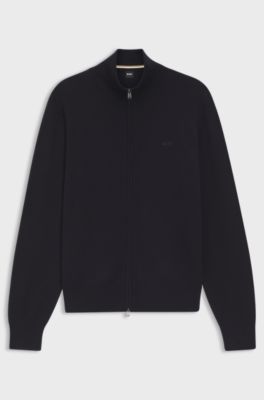 Zip-through cotton cardigan with logo detail, Dark Blue