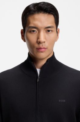 Zip-through cotton cardigan with logo detail, Dark Blue
