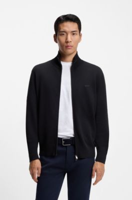 Zip-through cotton cardigan with logo detail, Dark Blue