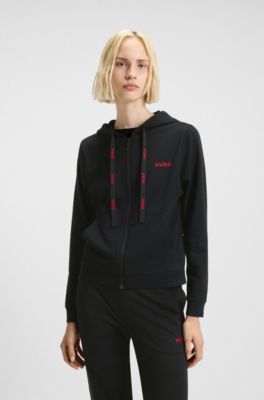 Felpa con cappuccio in misto cotone con zip e logo, Nero