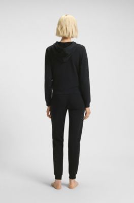 Felpa con cappuccio in misto cotone con zip e logo, Nero