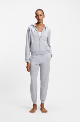 Felpa con cappuccio in misto cotone con zip e logo, Grigio chiaro