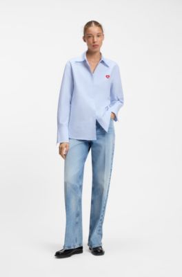Chemisier coupe d&eacute;contract&eacute;e en coton Oxford &agrave; rayures, bleu clair