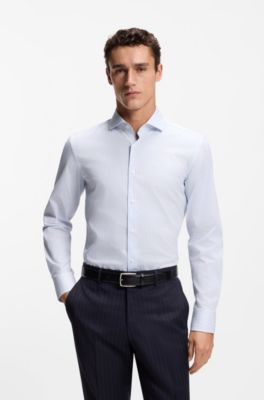 Slim-fit shirt in easy-iron striped stretch cotton, Blue stripes