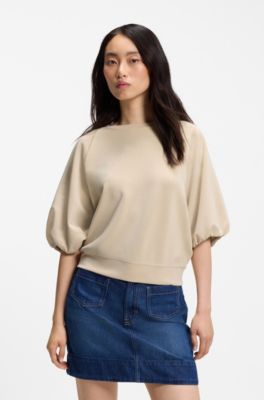 Oversized-fit sweatshirt with short balloon sleeves, Light Beige