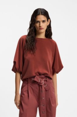 Oversized-fit sweatshirt with short balloon sleeves, Dark Red