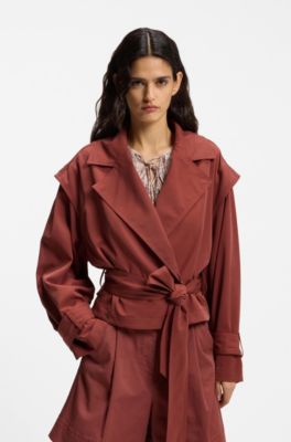 Cropped trench jacket with belt, Dark Red
