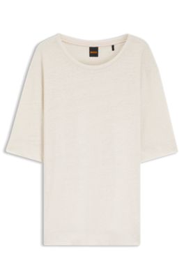 Linen T-shirt with embroidered logo, Natural