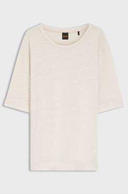 Linen T-shirt with embroidered logo, Natural