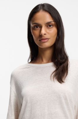 Linen T-shirt with embroidered logo, Natural