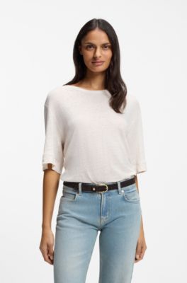 Linen T-shirt with embroidered logo, Natural