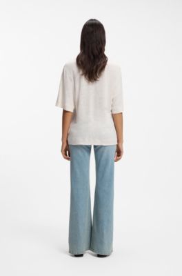 Linen T-shirt with embroidered logo, Natural