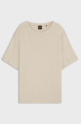 Leinen-T-Shirt mit Logo-Stickerei, Hellbeige