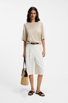Linen T-shirt with embroidered logo, Light Beige