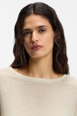 Leinen-T-Shirt mit Logo-Stickerei, Hellbeige