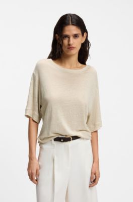Linen T-shirt with embroidered logo, Light Beige