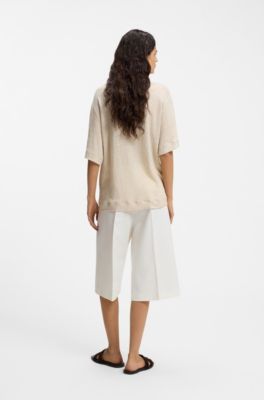Leinen-T-Shirt mit Logo-Stickerei, Hellbeige