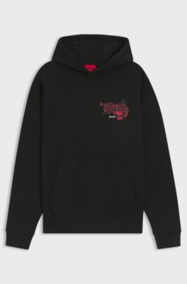 Cotton-terry hoodie with rose artwork, Black