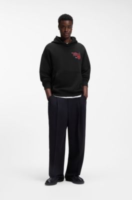 Cotton-terry hoodie with rose artwork, Black