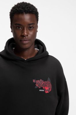 Cotton-terry hoodie with rose artwork, Black