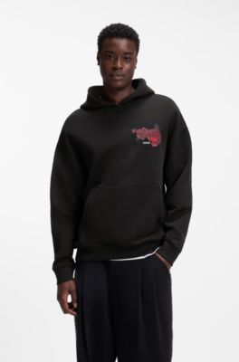 Hoodie aus Baumwoll-Terry mit Rosen-Artwork, Schwarz