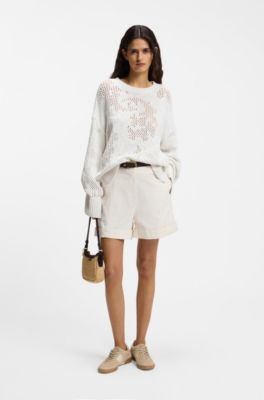 Stretch-cotton shorts with turn-up hems, White