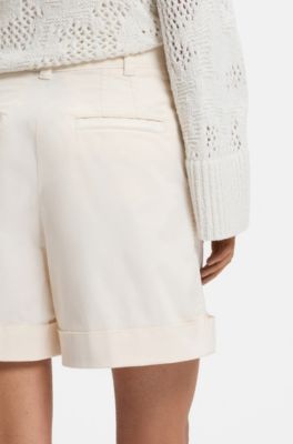 Stretch-cotton shorts with turn-up hems, White