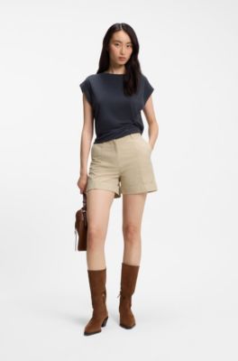 Stretch-cotton shorts with turn-up hems, Light Beige