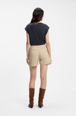 Stretch-cotton shorts with turn-up hems, Light Beige