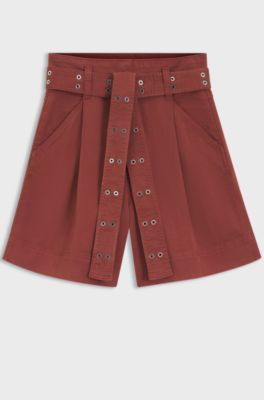 Stretch-cotton shorts with eyelet belt, Dark Red