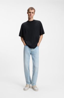 Cotton-jersey T-shirt with Happy HUGO logo stripe, Black