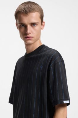 Cotton-jersey T-shirt with Happy HUGO logo stripe, Black