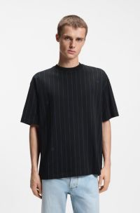 T-shirt in jersey di cotone con logo HUGO a righe, Nero