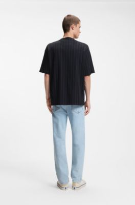 Cotton-jersey T-shirt with Happy HUGO logo stripe, Black