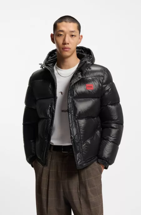 Water-repellent hooded jacket with logo patch