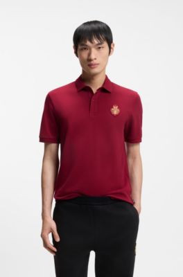 Cotton-piqu&eacute; polo shirt with logo artwork, Dark Red
